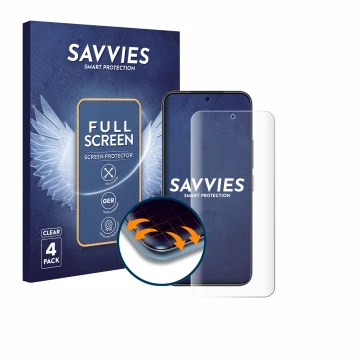 Parte frontal de un envase de producto con el logotipo de la marca Savvies. Al lado se muestra el dispositivo Nubia Air con su