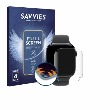 Parte frontal de un envase de producto con el logotipo de la marca Savvies. Al lado se muestra el dispositivo Apple Watch Seri