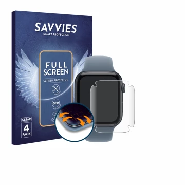 Parte frontal de un envase de producto con el logotipo de la marca Savvies. Al lado se muestra el dispositivo Apple Watch SE 3