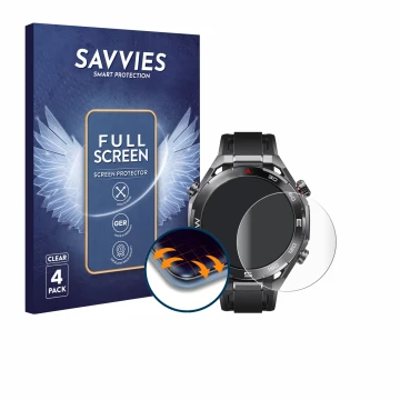 Parte frontal de un envase de producto con el logotipo de la marca Savvies. Al lado se muestra el dispositivo Huawei Watch Ult