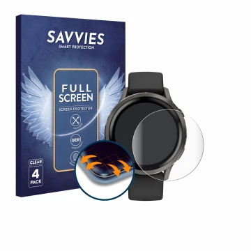 Parte frontal de un envase de producto con el logotipo de la marca Savvies. Al lado se muestra el dispositivo Garmin Venu 4 (4