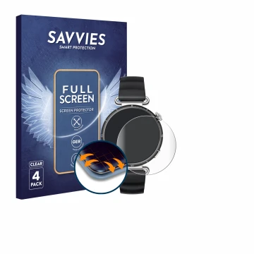 Parte frontal de un envase de producto con el logotipo de la marca Savvies. Al lado se muestra el dispositivo Huawei Watch GT 