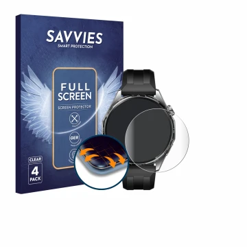 Parte frontal de un envase de producto con el logotipo de la marca Savvies. Al lado se muestra el dispositivo Huawei Watch GT 