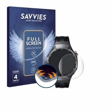 Parte frontal de un envase de producto con el logotipo de la marca Savvies. Al lado se muestra el dispositivo Huawei Watch GT 