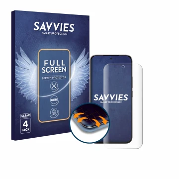 Parte frontal de un envase de producto con el logotipo de la marca Savvies. Al lado se muestra el dispositivo Xiaomi 17 con su