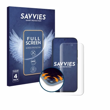 Parte frontal de un envase de producto con el logotipo de la marca Savvies. Al lado se muestra el dispositivo Xiaomi 17 Pro co