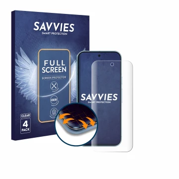 Parte frontal de un envase de producto con el logotipo de la marca Savvies. Al lado se muestra el dispositivo Google Pixel 9 (