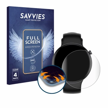 Parte frontal de un envase de producto con el logotipo de la marca Savvies. Al lado se muestra el dispositivo Honor Watch Fit 