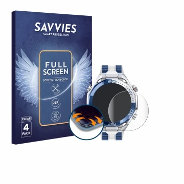 Parte frontal de un envase de producto con el logotipo de la marca Savvies. Al lado se muestra el dispositivo Huawei Watch Ult