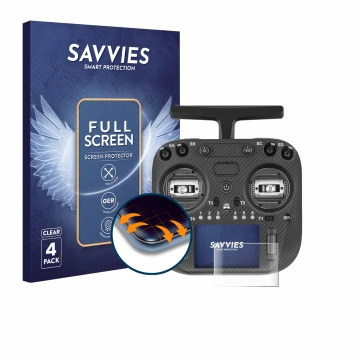 Parte frontal de un envase de producto con el logotipo de la marca Savvies. Al lado se muestra el dispositivo Radiomaster TX15