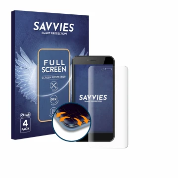 Parte frontal de un envase de producto con el logotipo de la marca Savvies. Al lado se muestra el dispositivo HTC Wildfire E5 