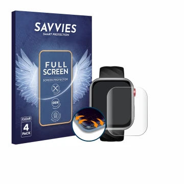 Parte frontal de un envase de producto con el logotipo de la marca Savvies. Al lado se muestra el dispositivo Taopon Smartwatc