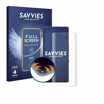 Parte frontal de un envase de producto con el logotipo de la marca Savvies. Al lado se muestra el dispositivo ZTE Nubia Red Ma