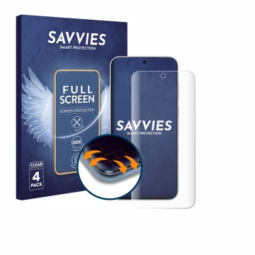 Parte frontal de un envase de producto con el logotipo de la marca Savvies. Al lado se muestra el dispositivo Vivo X300 con su