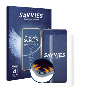 Parte frontal de un envase de producto con el logotipo de la marca Savvies. Al lado se muestra el dispositivo Xiaomi Redmi Not
