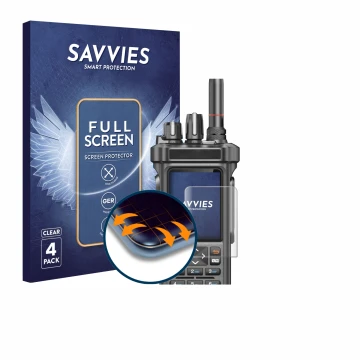 Parte frontal de un envase de producto con el logotipo de la marca Savvies. Al lado se muestra el dispositivo Radtel RT-950 Pr