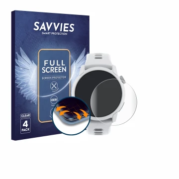 Parte frontal de un envase de producto con el logotipo de la marca Savvies. Al lado se muestra el dispositivo Coros Pace 4 con