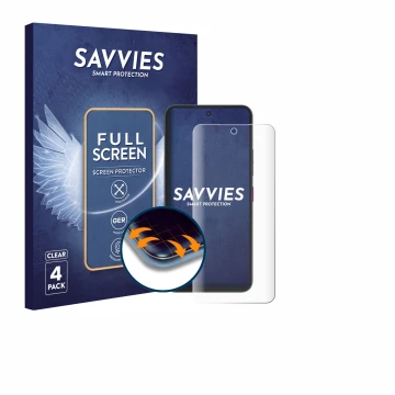 Parte frontal de un envase de producto con el logotipo de la marca Savvies. Al lado se muestra el dispositivo Telekom T Phone 