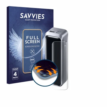 Parte frontal de un envase de producto con el logotipo de la marca Savvies. Al lado se muestra el dispositivo Anker Prime 220 