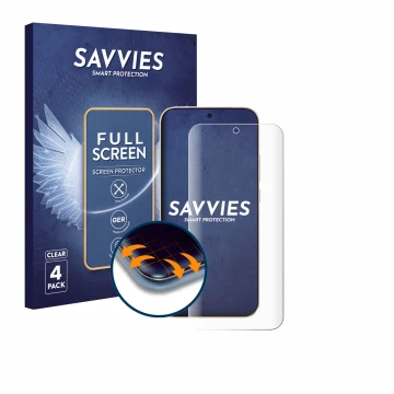 Parte frontal de un envase de producto con el logotipo de la marca Savvies. Al lado se muestra el dispositivo Oppo Reno 15 Pro