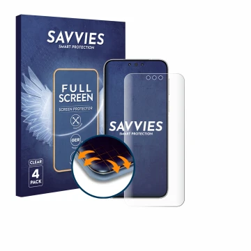 Parte frontal de un envase de producto con el logotipo de la marca Savvies. Al lado se muestra el dispositivo Huawei Mate 80 P