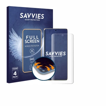 Parte frontal de un envase de producto con el logotipo de la marca Savvies. Al lado se muestra el dispositivo Huawei Mate X7 c
