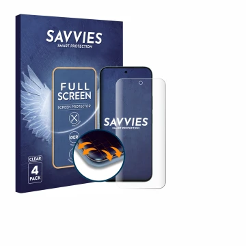 Parte frontal de un envase de producto con el logotipo de la marca Savvies. Al lado se muestra el dispositivo Honor X6c con su
