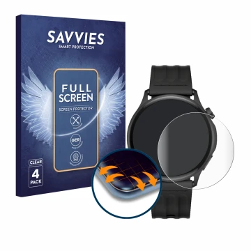 Parte frontal de un envase de producto con el logotipo de la marca Savvies. Al lado se muestra el dispositivo OnePlus Watch Li