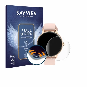 Parte frontal de un envase de producto con el logotipo de la marca Savvies. Al lado se muestra el dispositivo Yoever Smartwatc