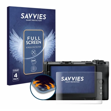 Parte frontal de un envase de producto con el logotipo de la marca Savvies. Al lado se muestra el dispositivo Nikon ZR 2025 co