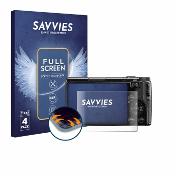 Parte frontal de un envase de producto con el logotipo de la marca Savvies. Al lado se muestra el dispositivo Ricoh GR IV HDF 