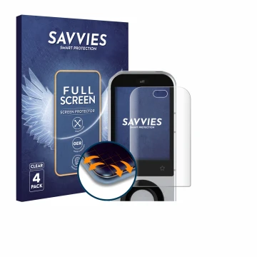 Parte frontal de un envase de producto con el logotipo de la marca Savvies. Al lado se muestra el dispositivo Sofabaton X2 con
