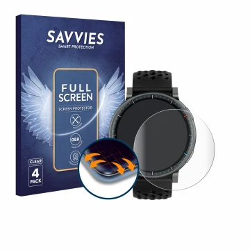 Parte frontal de un envase de producto con el logotipo de la marca Savvies. Al lado se muestra el dispositivo Amazfit Active M