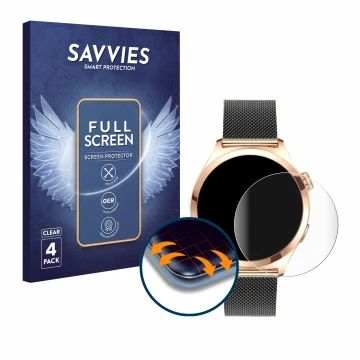Parte frontal de un envase de producto con el logotipo de la marca Savvies. Al lado se muestra el dispositivo Niolina Smartwat