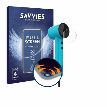 Parte frontal de un envase de producto con el logotipo de la marca Savvies. Al lado se muestra el dispositivo Cecotec DryNova 