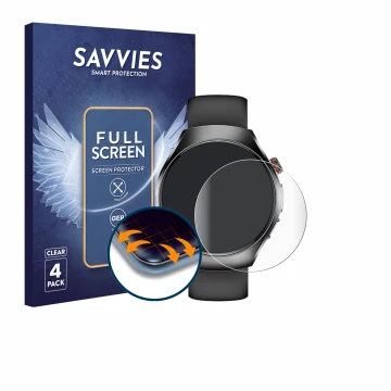 Parte frontal de un envase de producto con el logotipo de la marca Savvies. Al lado se muestra el dispositivo Smartwatch ET460