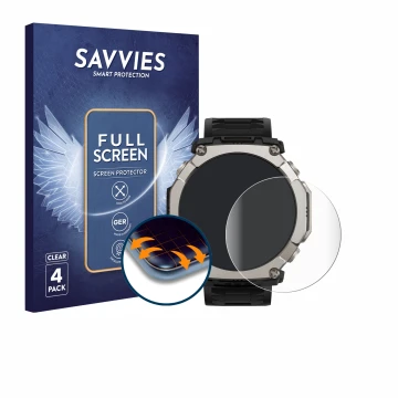 Parte frontal de un envase de producto con el logotipo de la marca Savvies. Al lado se muestra el dispositivo Huami Amazfit T-