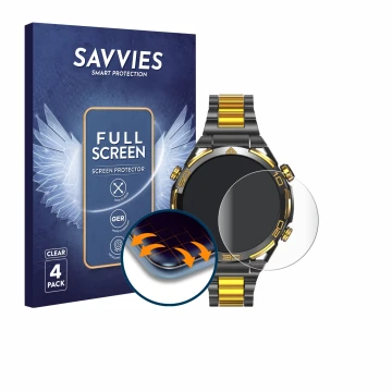 Parte frontal de un envase de producto con el logotipo de la marca Savvies. Al lado se muestra el dispositivo Blackview W90 Pr