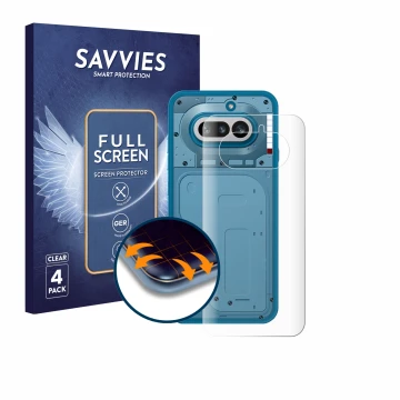 Parte frontal de un envase de producto con el logotipo de la marca Savvies. Al lado se muestra el dispositivo Nothing Phone (4