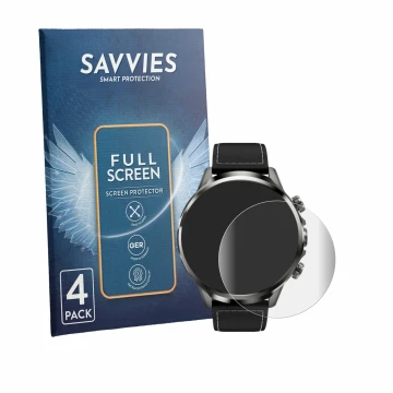 Parte frontal de un envase de producto con el logotipo de la marca Savvies. Al lado se muestra el dispositivo Black Shark Watc