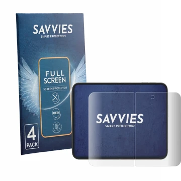 Parte frontal de un envase de producto con el logotipo de la marca Savvies. Al lado se muestra el dispositivo Apple iPhone Duo