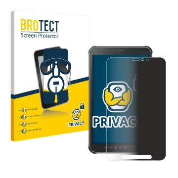 Parte frontal de un envase de producto con el logotipo de la marca BROTECT. Al lado se muestra el dispositivo Samsung Galaxy T