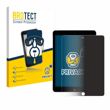 Parte frontal de un envase de producto con el logotipo de la marca BROTECT. Al lado se muestra el dispositivo Apple iPad Air 2