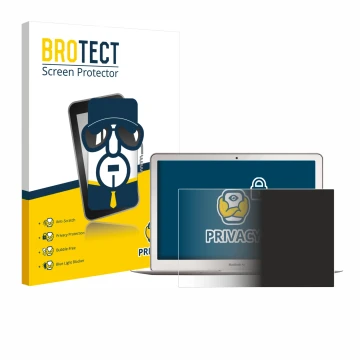 Parte frontal de un envase de producto con el logotipo de la marca BROTECT. Al lado se muestra el dispositivo Apple MacBook Ai