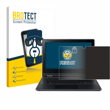 Parte frontal de un envase de producto con el logotipo de la marca BROTECT. Al lado se muestra el dispositivo Acer TravelMate 