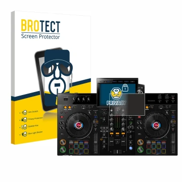 Parte frontal de un envase de producto con el logotipo de la marca BROTECT. Al lado se muestra el dispositivo Pioneer XDJ-RX3 