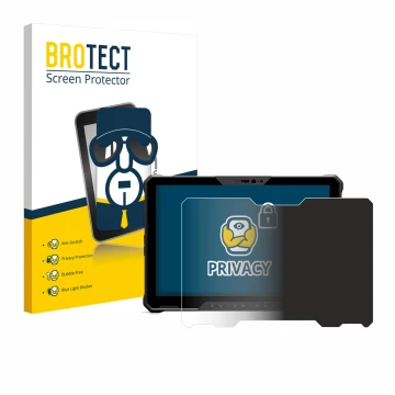 Parte frontal de un envase de producto con el logotipo de la marca BROTECT. Al lado se muestra el dispositivo Dell Latitude 72