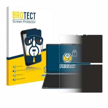 Parte frontal de un envase de producto con el logotipo de la marca BROTECT. Al lado se muestra el dispositivo Lenovo Yoga Book