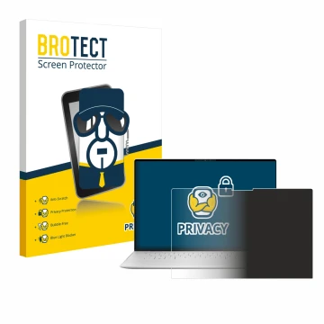Parte frontal de un envase de producto con el logotipo de la marca BROTECT. Al lado se muestra el dispositivo Dell XPS 13 9340