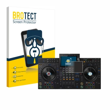 Parte frontal de un envase de producto con el logotipo de la marca BROTECT. Al lado se muestra el dispositivo Pioneer XDJ-AZ c